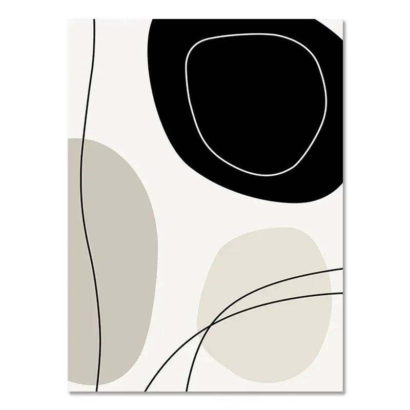 Abstract art print with black, beige, and gray shapes on a white background