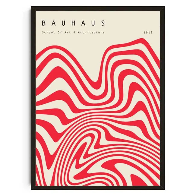 Bauhaus poster with red and white wavy pattern on a beige background