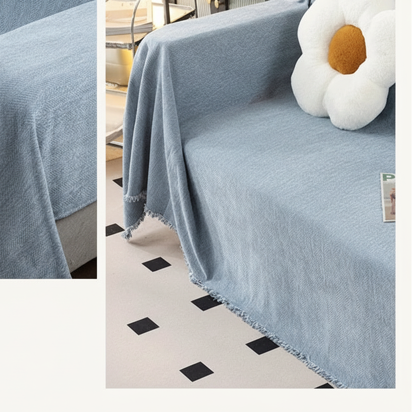 Denim Blue herringbone throw blanket styled on a sofa with a face-motif cushion.