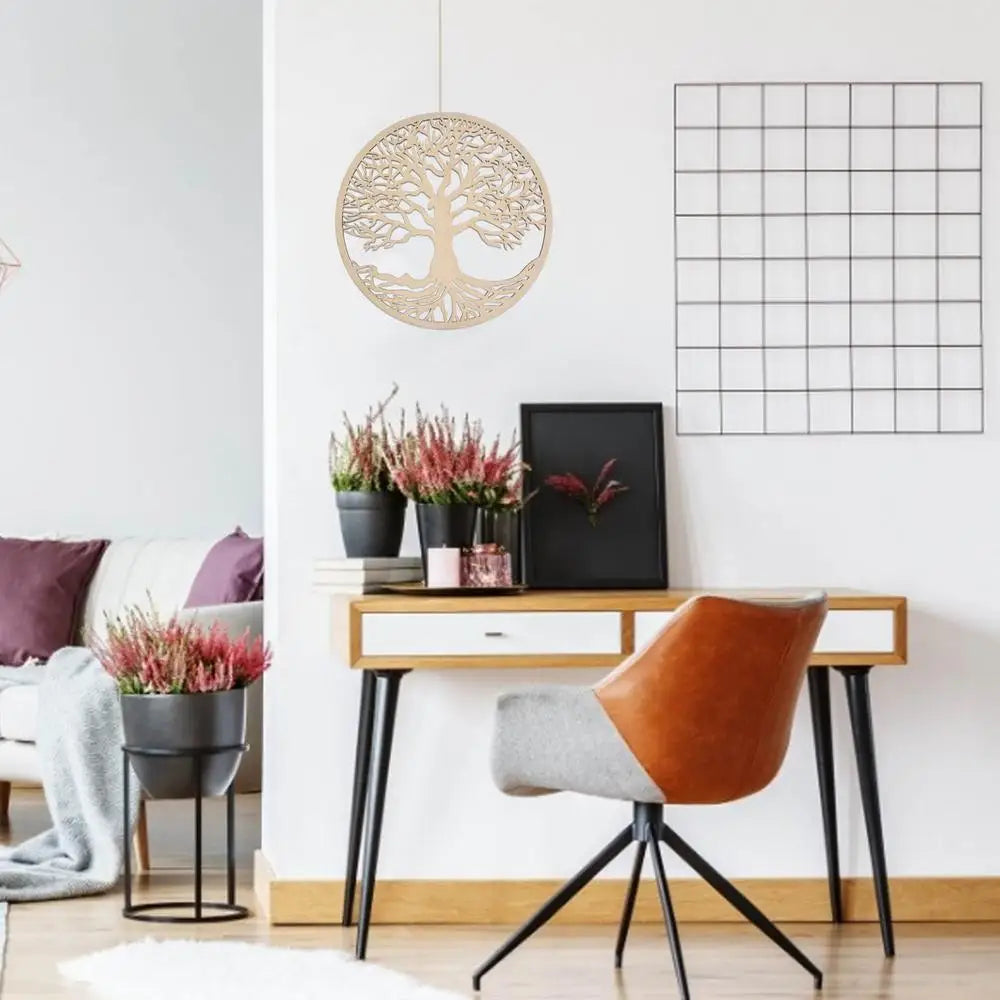 Modern home office with a desk, chair, and decorative elements.