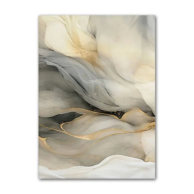 Fluid marble-style art with sweeping grey tones and delicate gold-toned highlights.