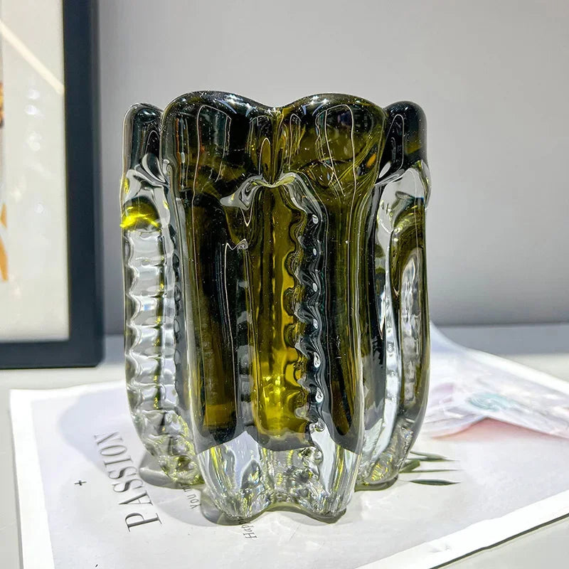 Olive smoke sculpted glass vase,se large, 15cm height, 12cm width
