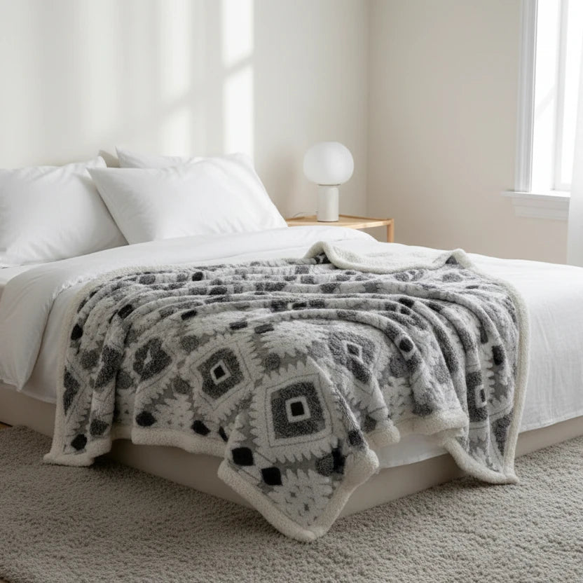Charcoal grey and ivory jacquard fleece blanket styled on a bright minimalist bed