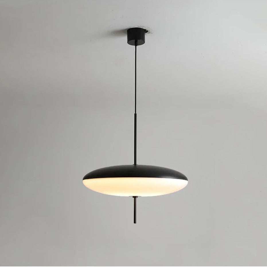 Black and white pendant light fixture in 30cm size with slim suspended rod detail