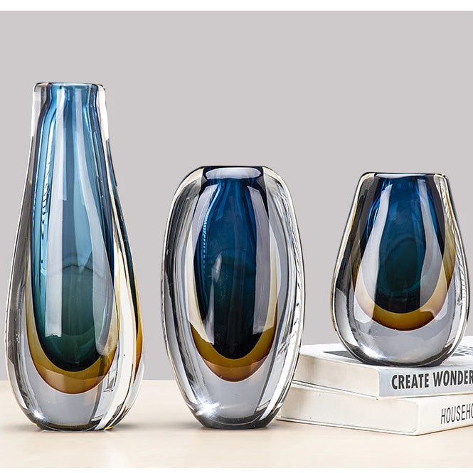 Modern Gradient Glass Decorative Vase – Sculptural Blue & Amber Glass Home Décor
