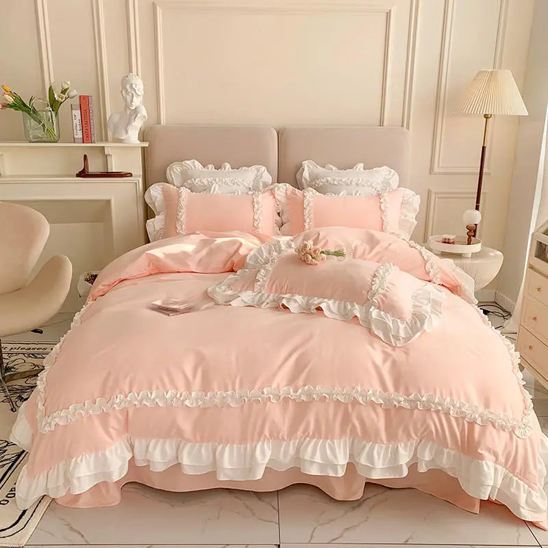 (Blush Pink): Blush pink ruffle bedding set styled with soft pastel bedroom decor