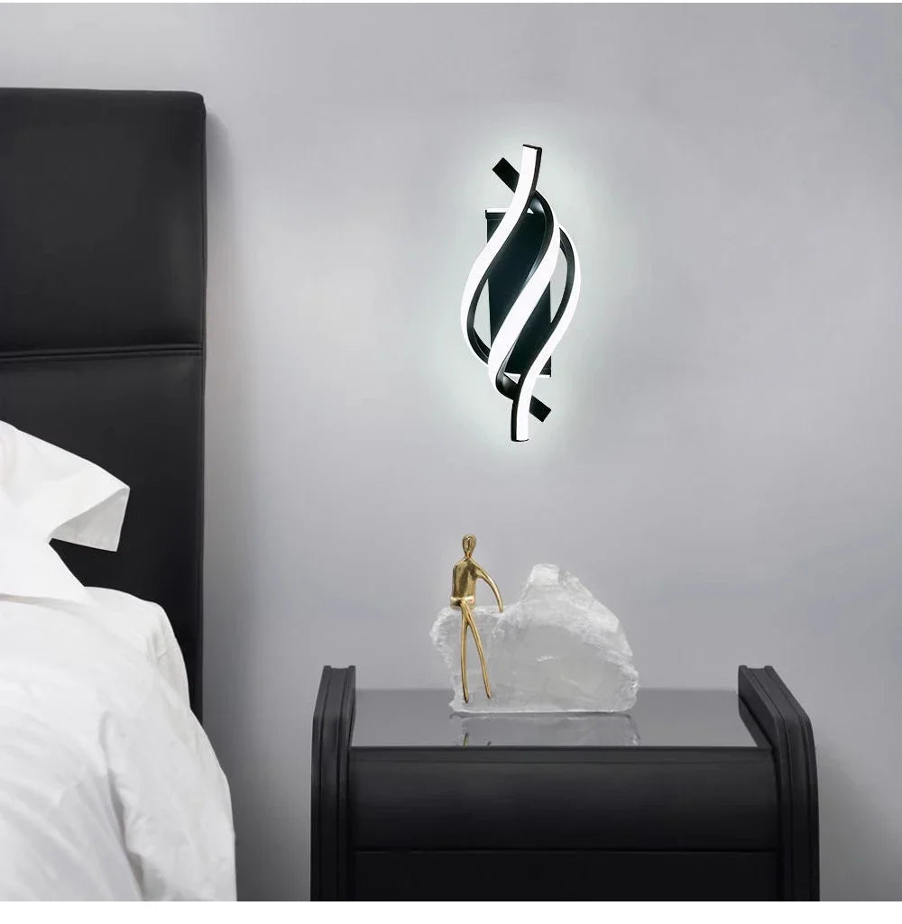 Contemporary spiral LED wall light installed in a modern living room interior