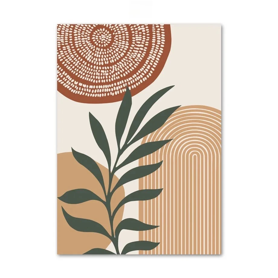 Decorative poster with abstract patterns and a leaf design on a beige background