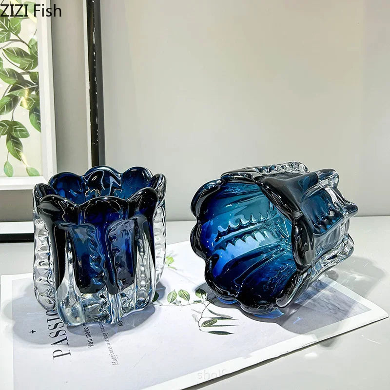 Deep blue ripple glass vase side profile showing thickness