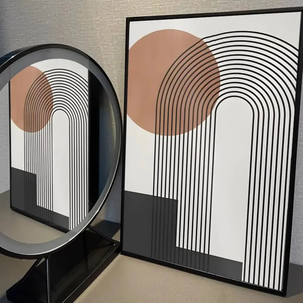 Minimalist abstract print with navy arches and mustard circle on a clean white background