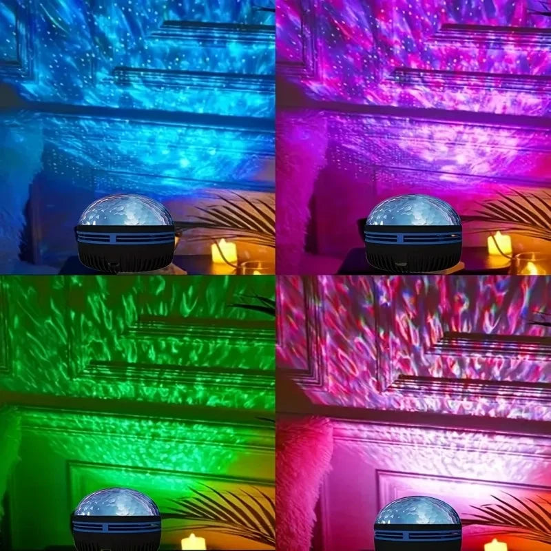 Collage of an atmospheric ball projecting colourful lights on a wall.