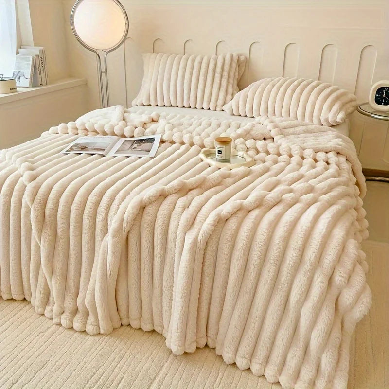 Beige textured blanket draped over a bed in a bedroom setting.