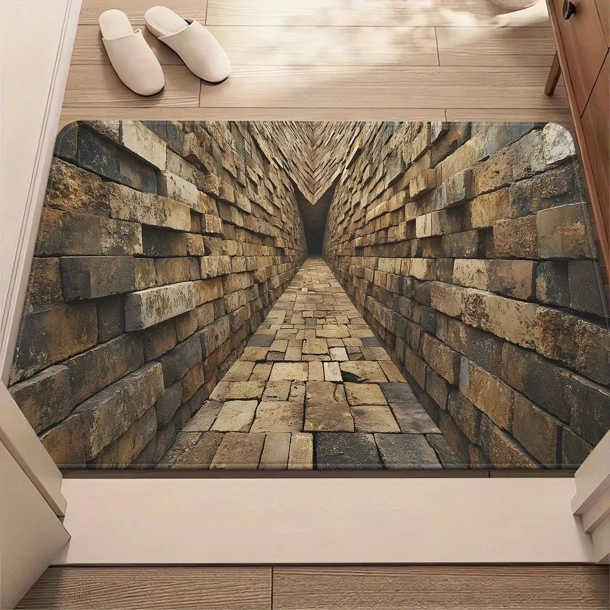 A 3D stone mat mural on a wooden floor.