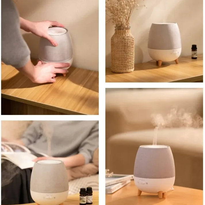 Aromatherapy diffuser on a wooden surface with text describing its uses.