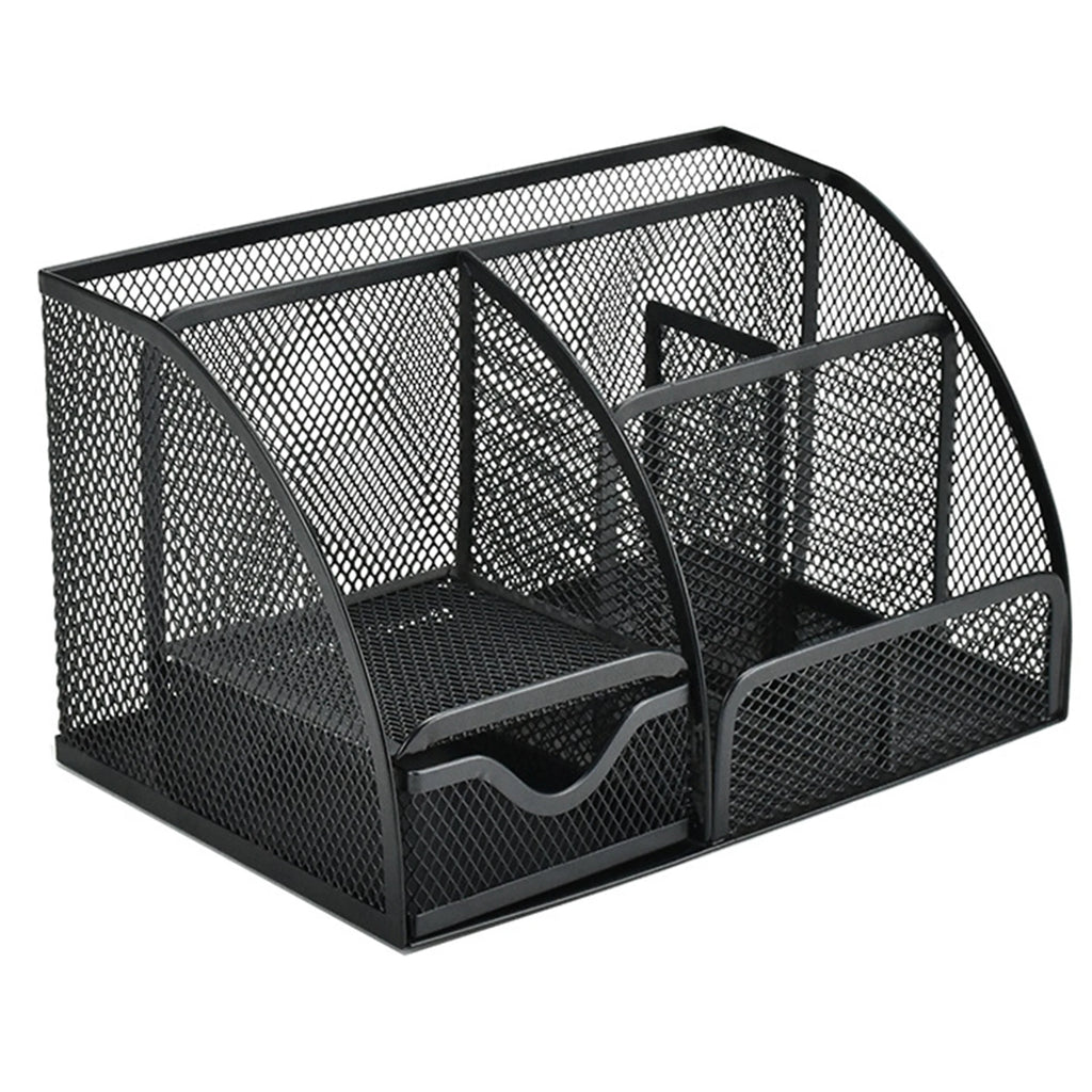 Black mesh desk organizer with multiple compartments on a white background