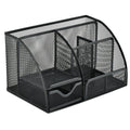Black mesh desk organizer with multiple compartments on a white background