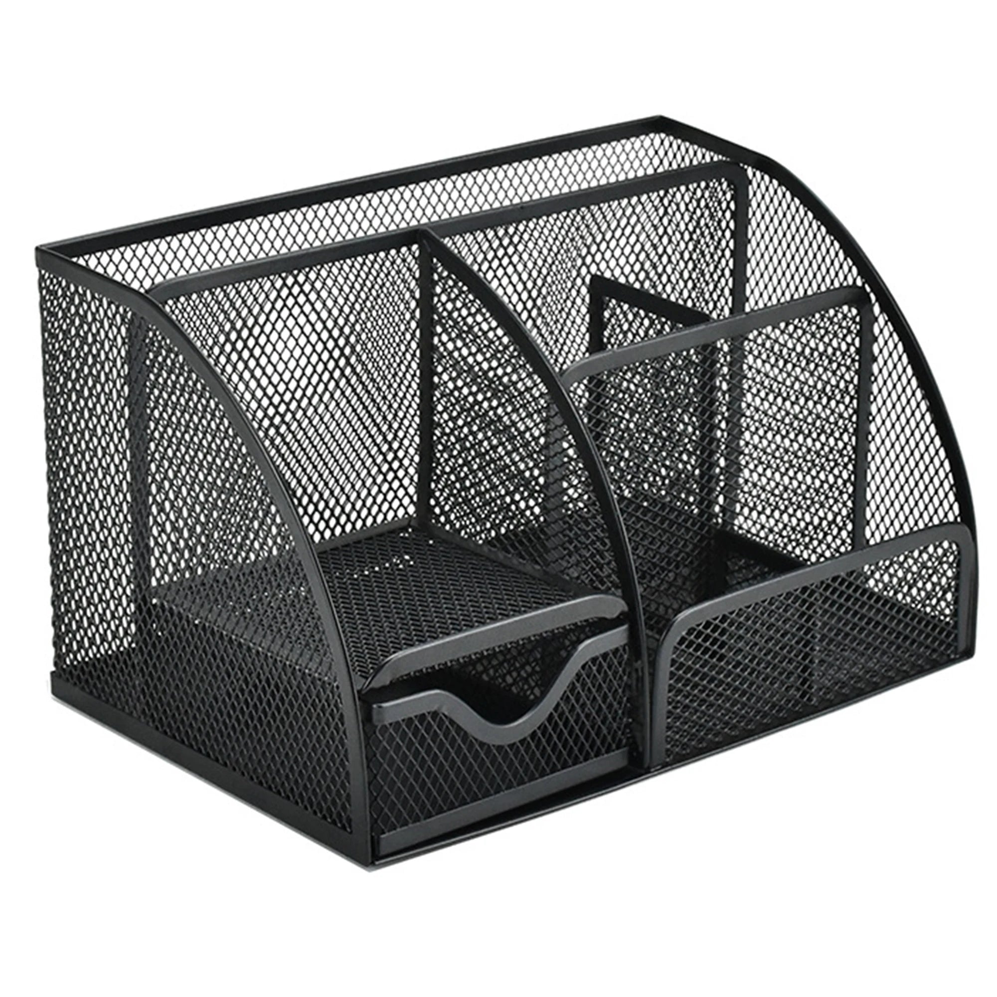 Black mesh desk organizer with multiple compartments on a white background