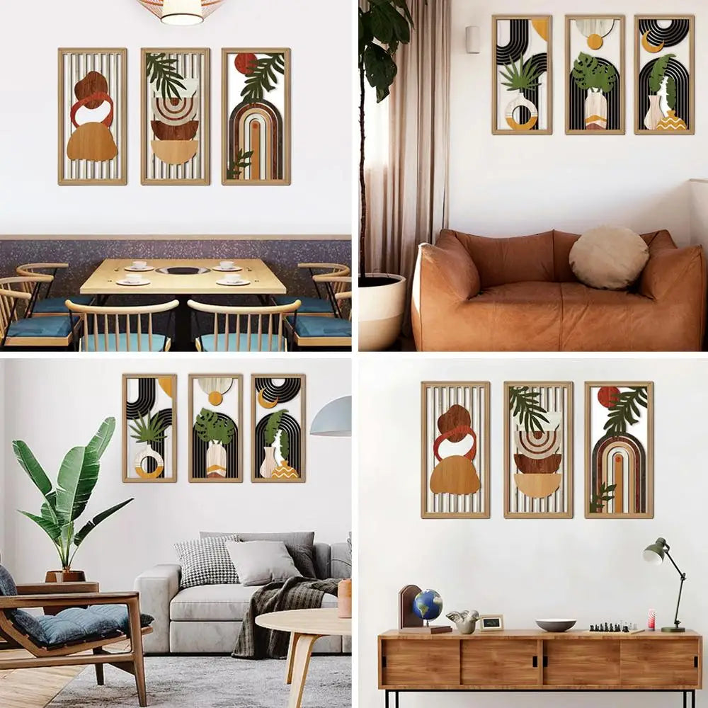 Collage of living room and dining area with abstract wall art