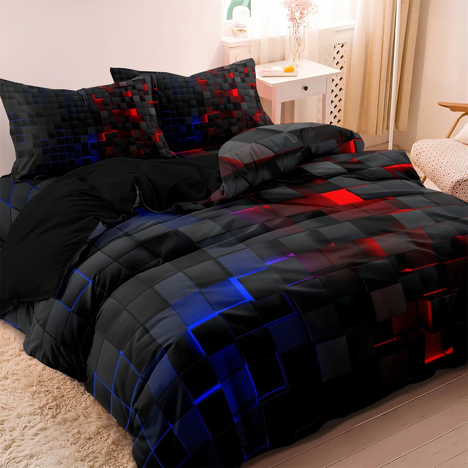 Black bedding set with blue and red geometric block digital print