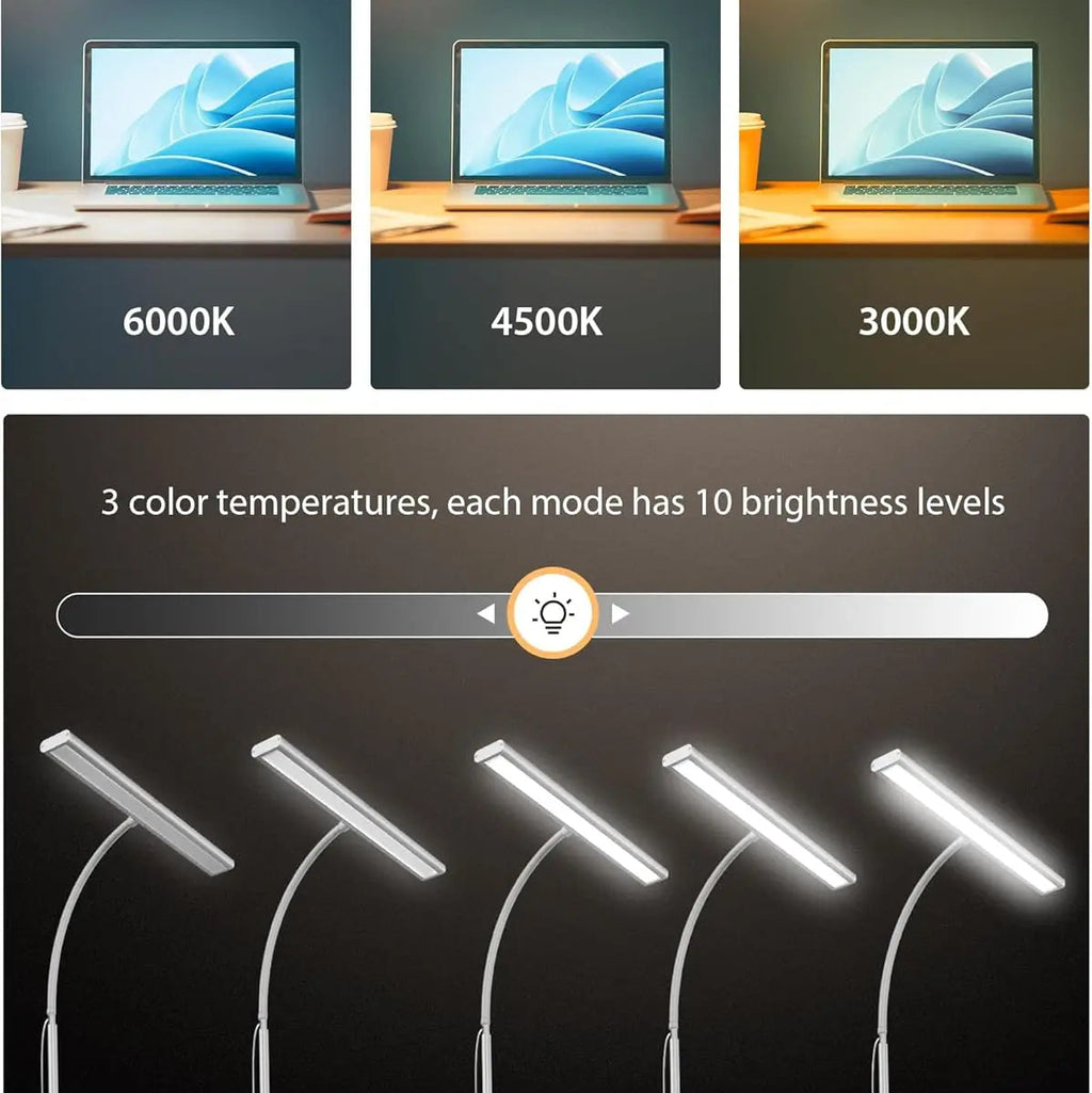 Comparison of a laptop screen with three different color temperatures (6000K, 4500K, 3000K) on a dark background.