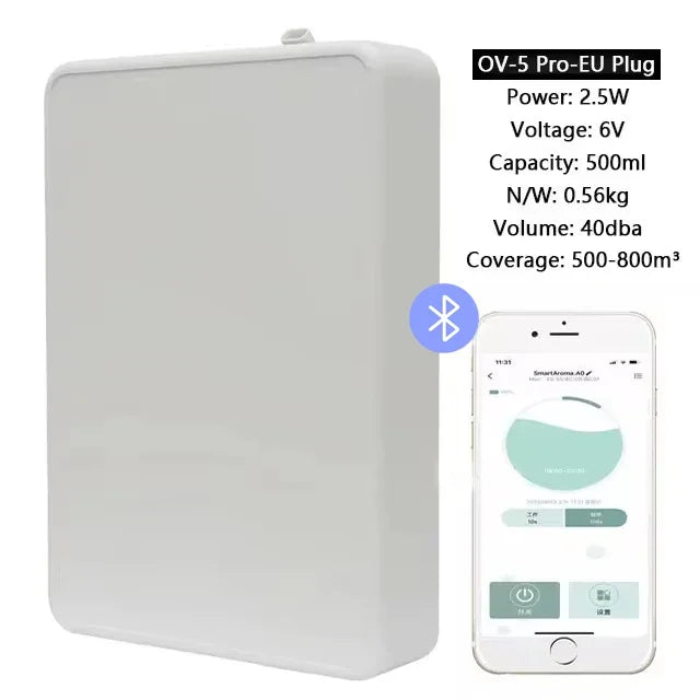 White wall-mounted aromatherapy diffuser with app control and OV-5 Pro EU plug specification