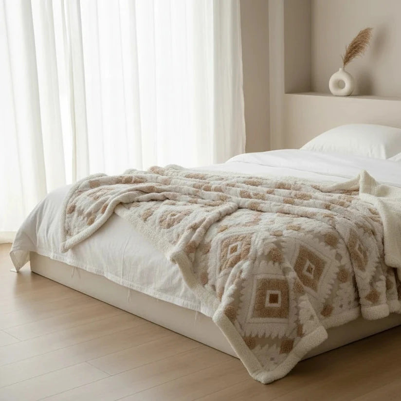 Neatly made bed with a patterned beige blanket in a bright bedroom.