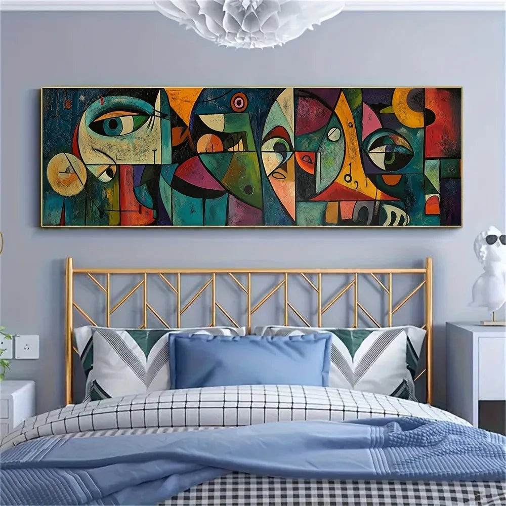 Abstract artwork above a bed with a gold headboard in a bedroom setting.