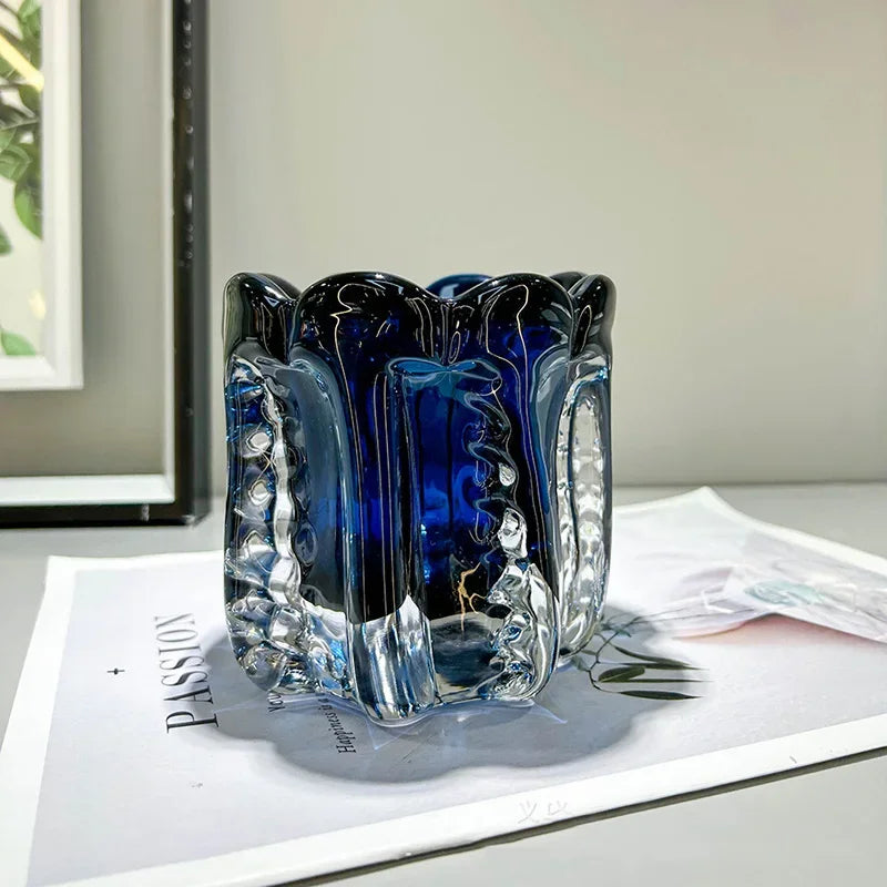 Deep blue sculpted glassvasea,se small, 10cm height, 12cm width