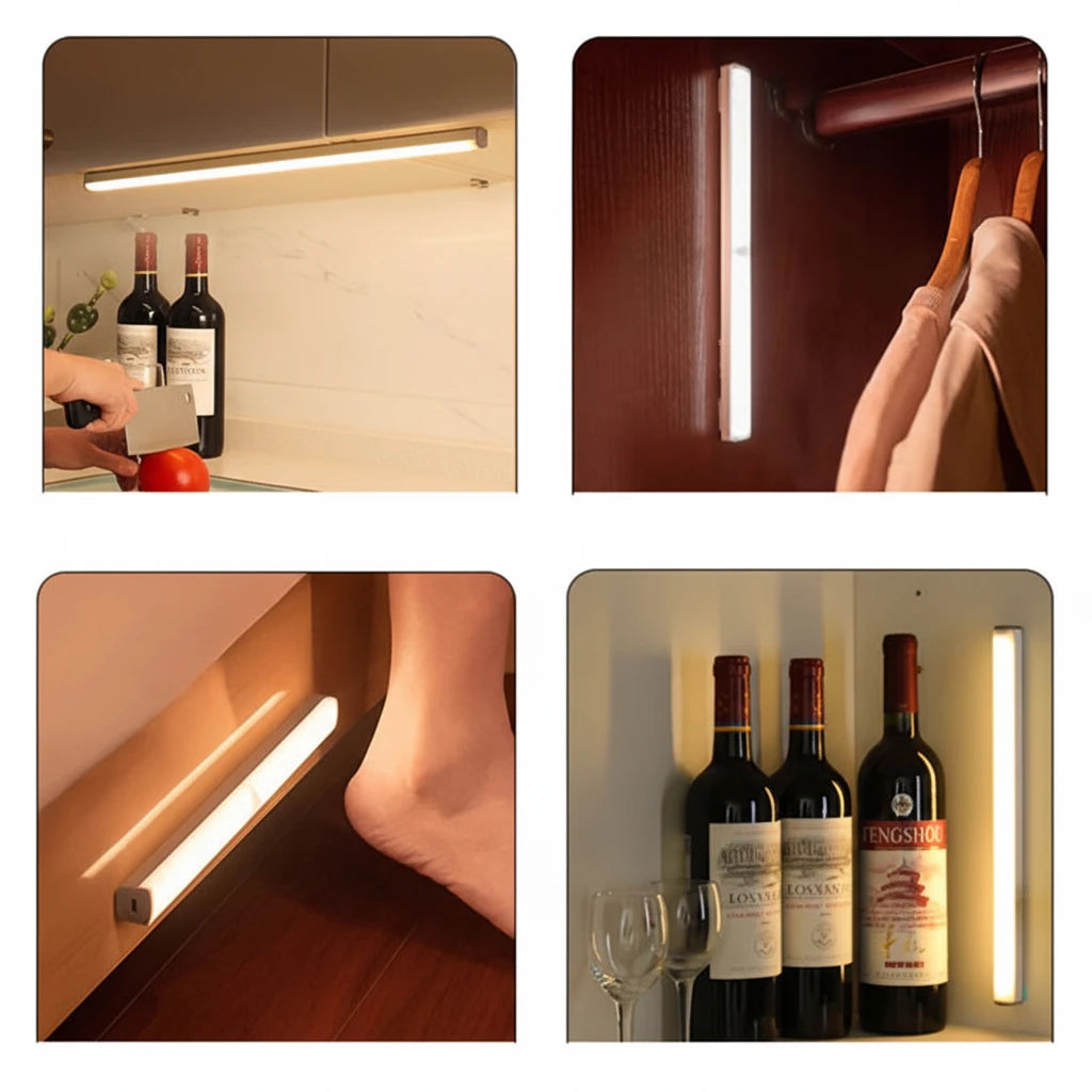Collage of a LED strip light in various settings including a kitchen, closet, and wine display.