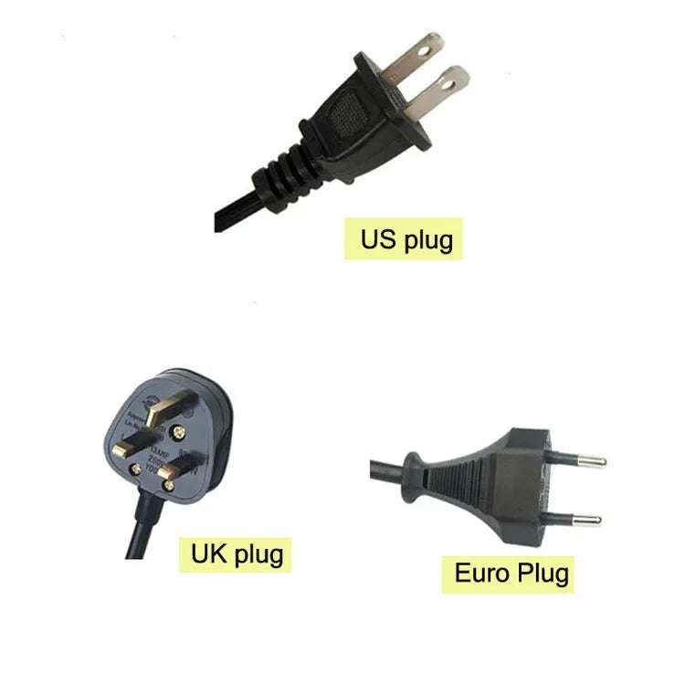 Power plug options for the desktop lamp, including a US plug, a UK plug, and a Euro plug