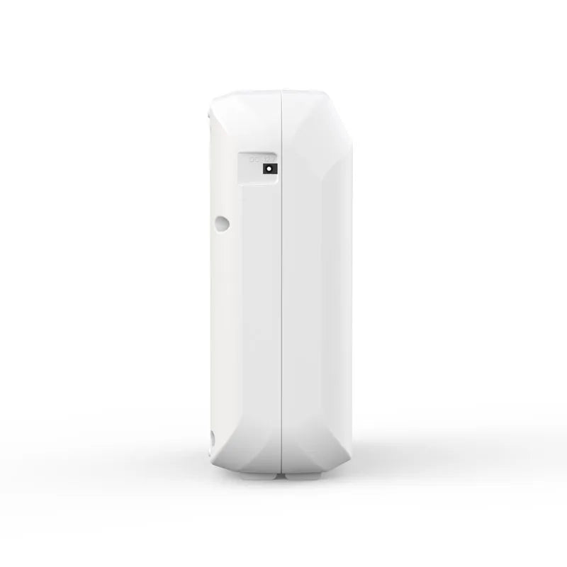 Side view of a white cylindrical air purifier on a white background