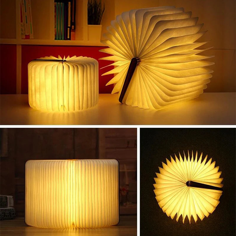 Collage of a glowing book-shaped lamp in various poses.