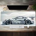 White sports car mouse pad with blue line art wave design and white background