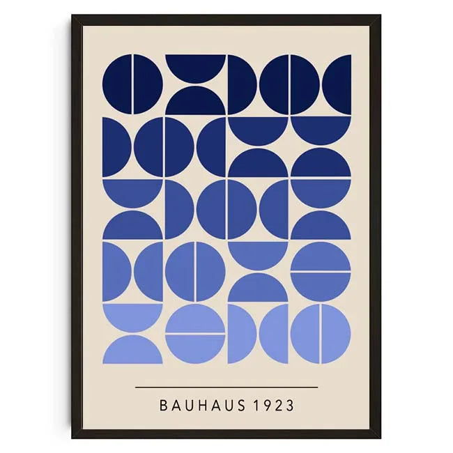 Framed poster with geometric blue circle pattern and 'Bauhaus 1923' text on a beige background