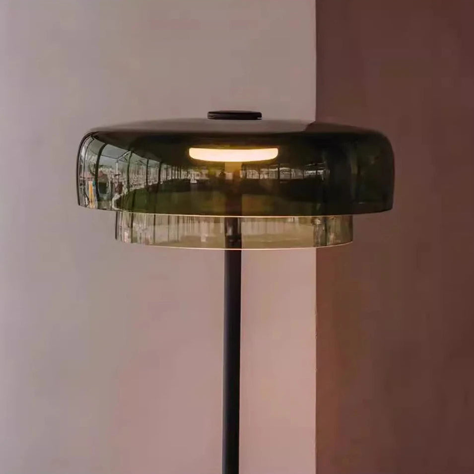 Double-layered smoked grey glass floor lamp with a chrome base showing 145cm height and 42cm width dimensions.