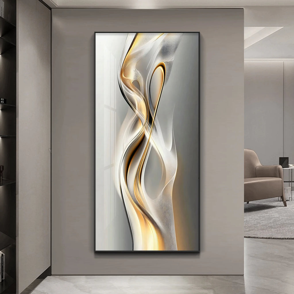 Intertwining gold and silver abstract flow LED wall panel illuminated in a modern entryway