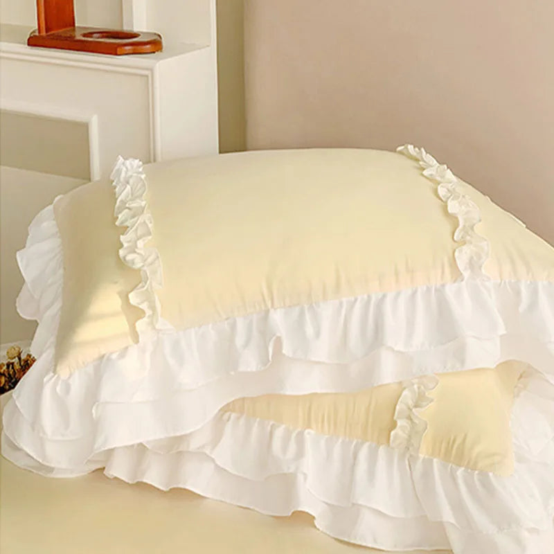 Buttercream Yellow): Buttercream yellow Korean-style bedding set with ruffled edges