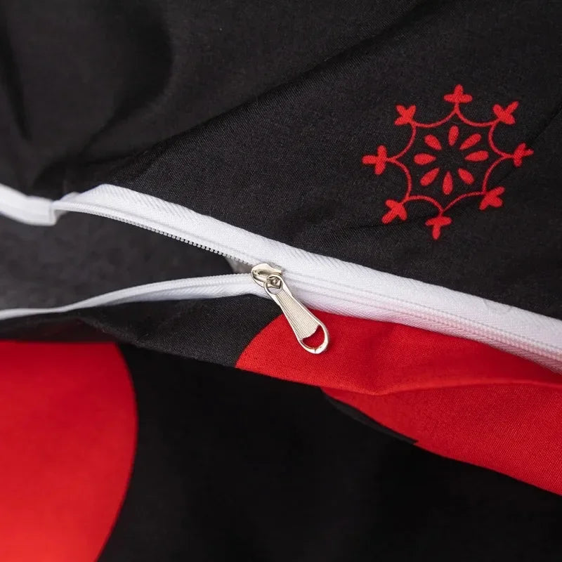 Black bedding set with red heart print and matching pillowcases