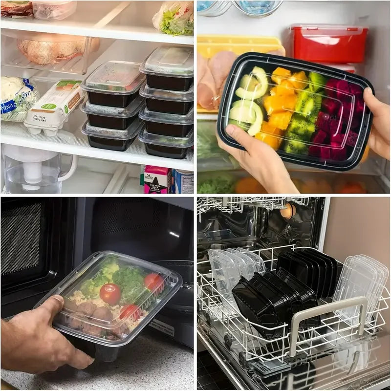 Stackable microwave-safe food containers shown in fridge, during food prep, in microwave, and dishwasher