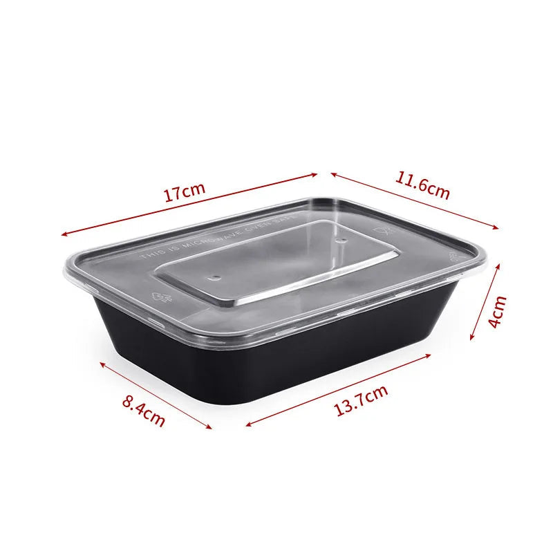 500ml rectangular black microwave-safe food container with clear lid and dimensions shown