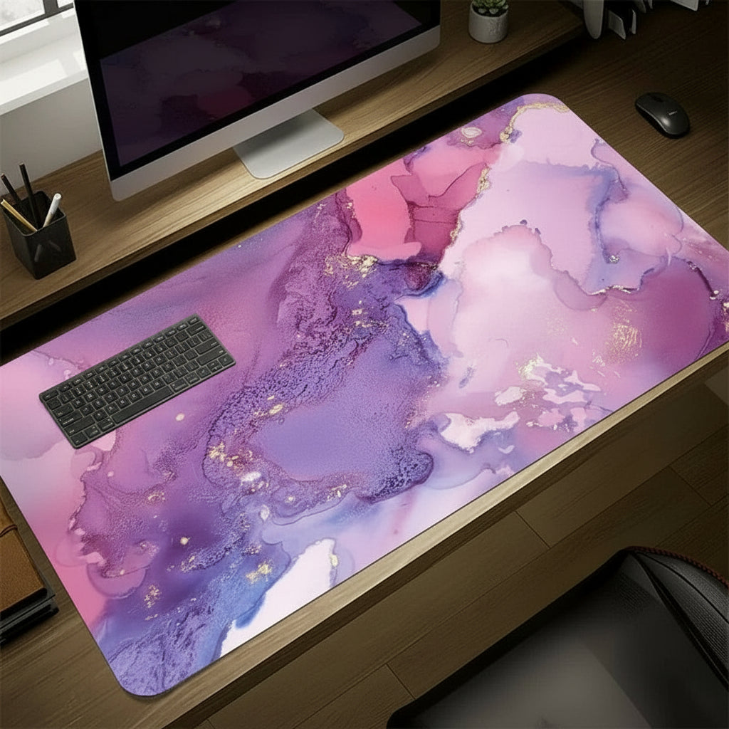 Desk setup with a large colorful desk mat, keyboard, and computer monitor.