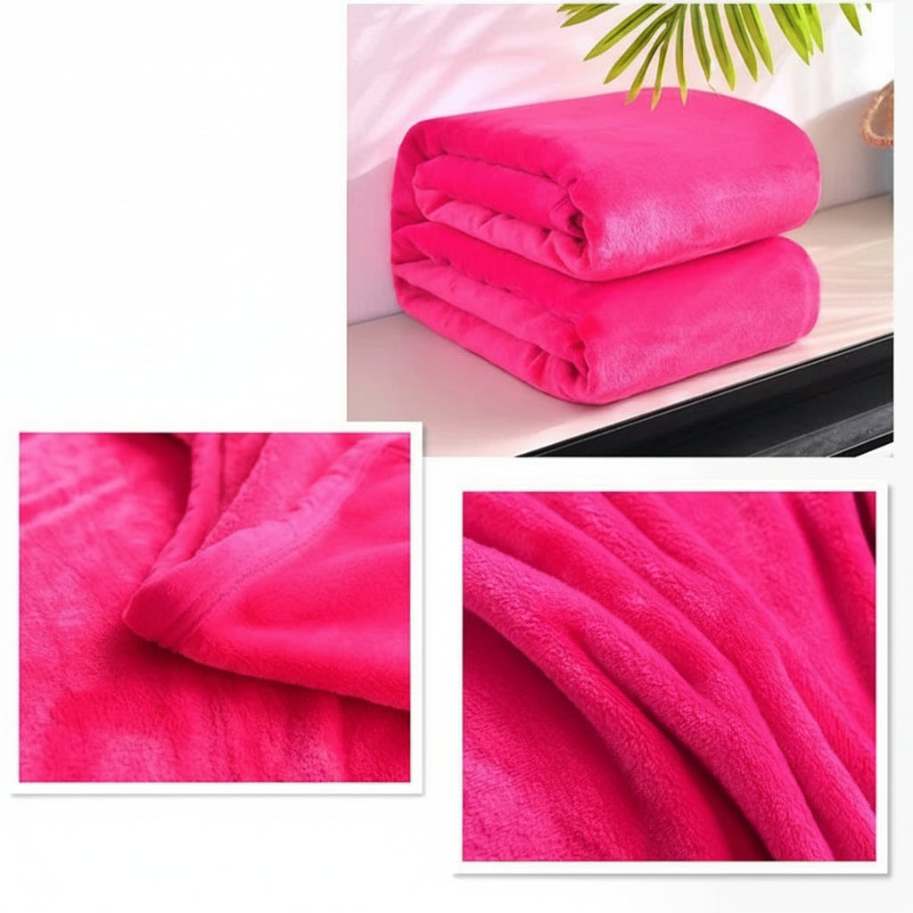 Pink blanket shown in various settings with close-up details.