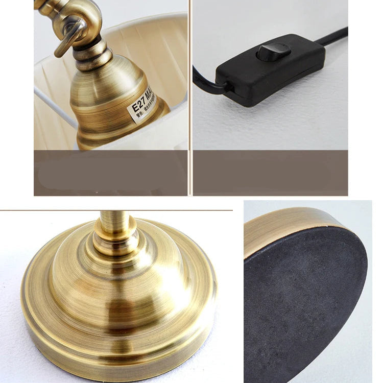 Product detail collage showing adjuster, on/off switch, metal base, and base underside.
