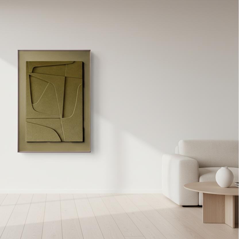 Abstract geometric sculpture in brown on a white background