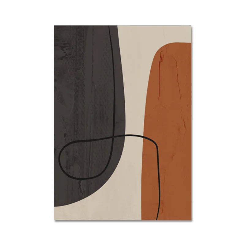 Abstract art print with black, brown, and beige shapes on a white background