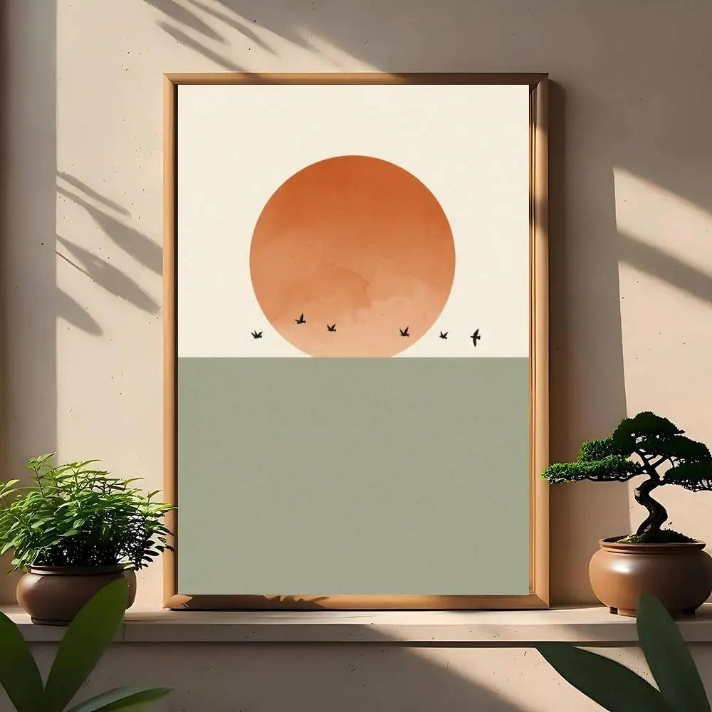Minimalist canvas print with large orange sun above a sage colour block and small bird silhouettes.