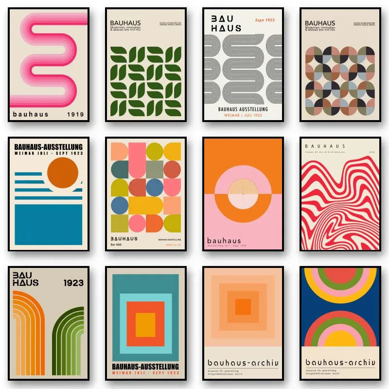 Collection of Bauhaus posters with geometric designs and text.