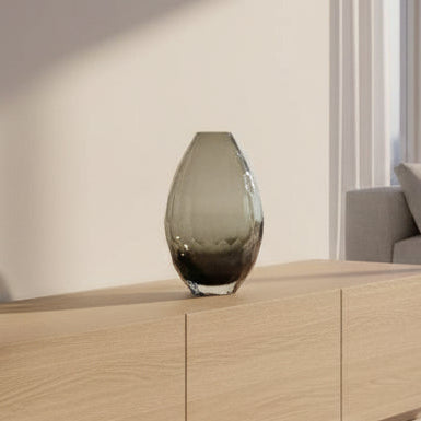 XLarge smoke grey faceted glass vase 25cm tall sculptural design