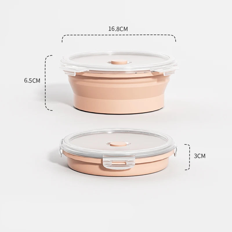 800ml Pink: Pink round collapsible silicone food container with clear leakproof lid, shown expanded and folded