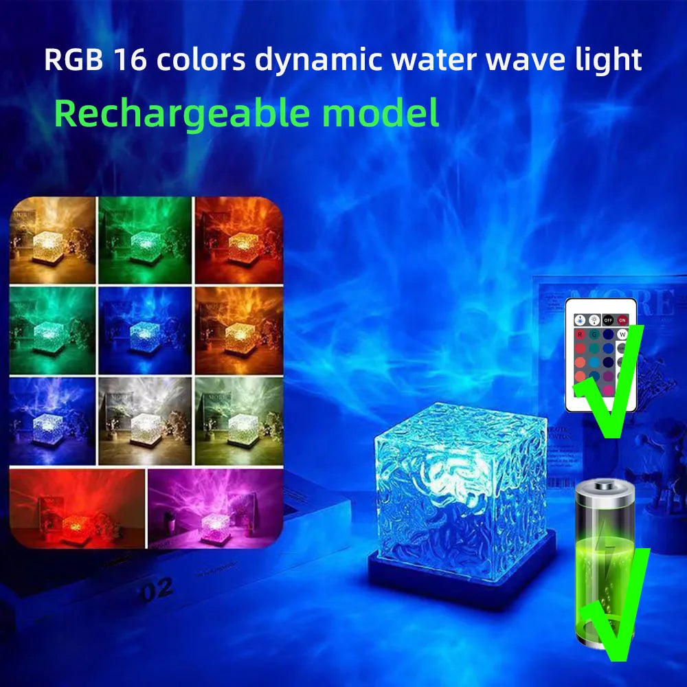 RGB dynamic water wave light with rechargeable model and colour-changing capabilities.